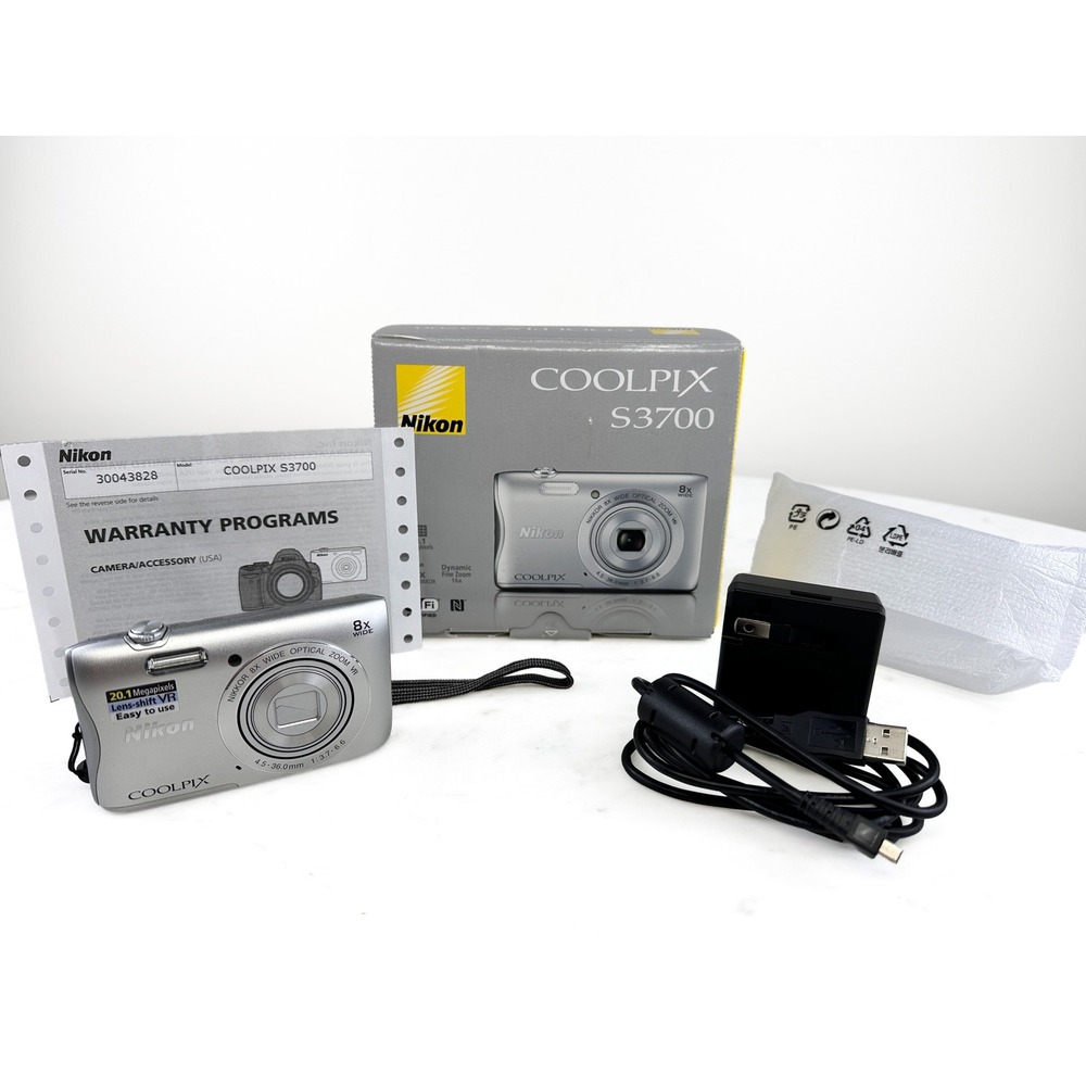 Nikon Coolpix S3700 Digital Camera Silver Excellent 20.1MP 8x Zoom Wi-Fi Boxed